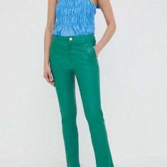 2NDDAY pantaloni de piele femei, culoarea verde, drept, high waist