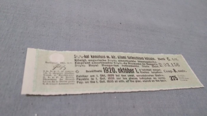 CUPOANE /BON DE TREZORERIE CU REDUCERE 1920 UNGARIA