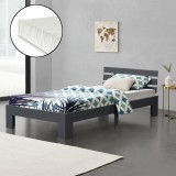 [en.casa]&reg; Pat rama lemn Nivala 90DG en.casa, 90 x 200 cm, lemn brad/PAL/spuma rece, 100 Kg, single, gri inchis mat, cu saltea si gratar pat HausGarde, [en.casa]