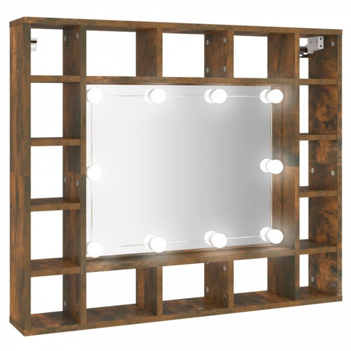 Dulap cu oglindă și LED, stejar fumuriu, 91x15x76,5 cm