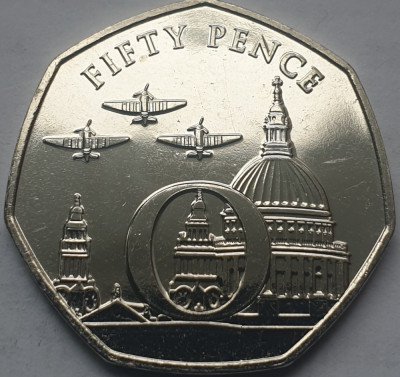 50 pence 2020 Isle of Man , Spitfires flying over St.Paul&amp;#039;s Cathedral, unc foto