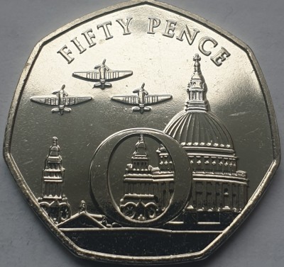 50 pence 2020 Isle of Man , Spitfires flying over St.Paul&amp;#039;s Cathedral, unc foto