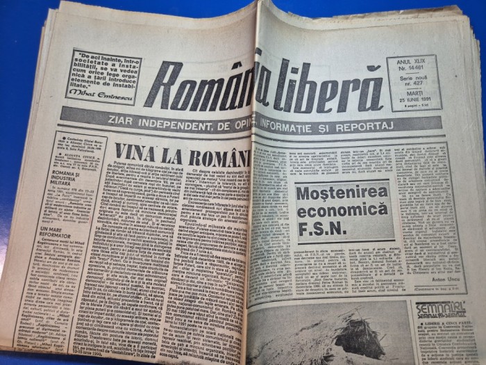 ziarul romania libera 25 iunie 1991 - regele mihai se destanuie,universitatea craiova campioana romaniei la fotbal
