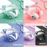 Cumpara ieftin Casti Wireless Urechi Pisica LED, Bluetooth 5.0, Bass, Pliabile, Stereo, Microfon, Albastru/Roz/Negru/Verde/Violet