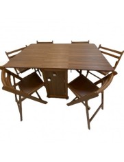 Set masa plianta cu spatiu depozitare, usa si sertar, Pal Melaminat, 160x96x80 cm si 6 scaune pliante lemn, tapitate cu piele ecologica, nuc