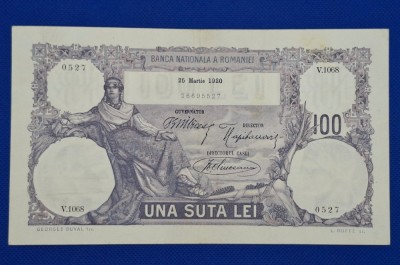 100 lei 1920, seria V.1068 0527, culoare albastră, stare excelentă, rară foto