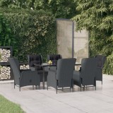 Set mobilier gradina vidaXL, 7 piese, poliratan gri inchis, masa sticla 160cm, scaune rabatabile + perne