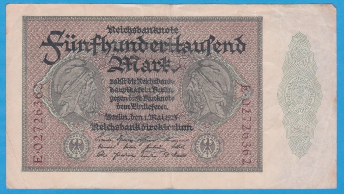 (6) BANCNOTA GERMANIA - 500.000 MARK 1923 (1 MAI 1923), FARA SERIE PE VERSO