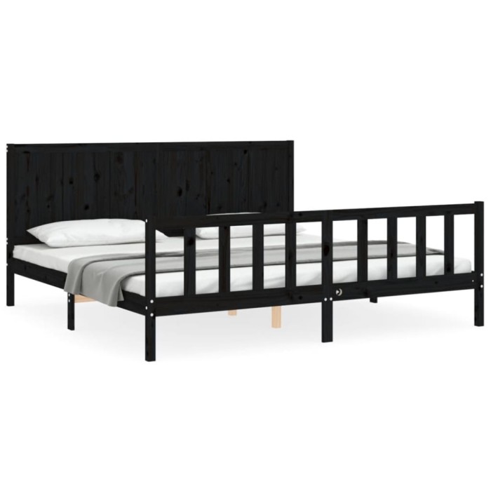 Cadru pat cu tablie 200x200 cm, negru, lemn masiv
