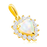 Pandantiv de aur de 9K &ndash; opal sintetic alb &icirc;n formă de inimă, marginea din zirconii rotunde transparente