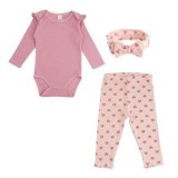 Set 3 Piese Bebelus din Bumbac, Body cu Maneca Lunga, Colanti cu Inimioare si Bentita, Roz Somon, CMCLASS