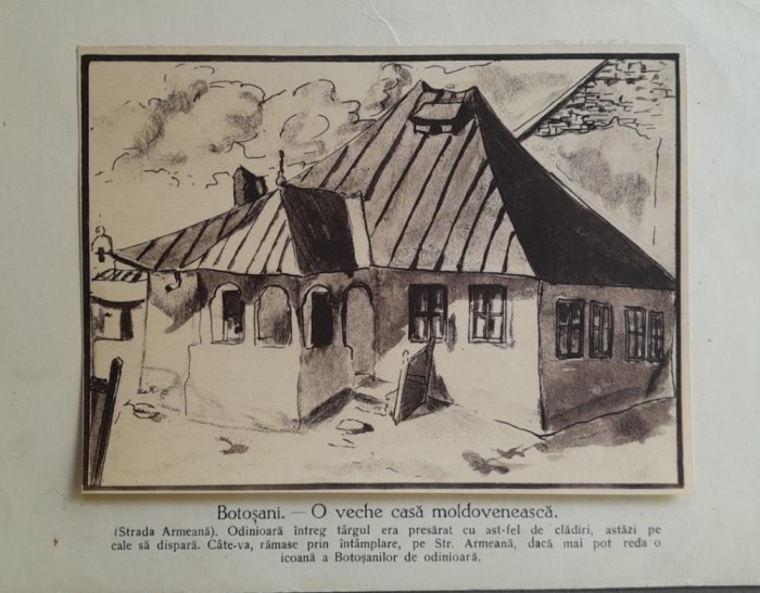 Litografie interbelică 5 lipită pe carton / M. Olinescu / BOTOSANI Casă veche