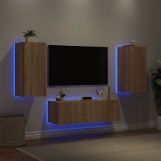 vidaXL Comode TV de perete cu lumini LED, 3 piese, stejar sonoma