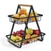 Cos fructe 2 etaje pliabil, negru, lemn si metal, cu maner, design modern