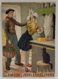 LES HARICOTS VERTS MAITRE D &#039;HOTEL , CARTE POSTALA ILUSTRATA , LITOGRAFIE SEMNATA JEAN PARIS , CU RETETA CULINARA PE VERSO , TEXT IN LB. FRANCEZA ,