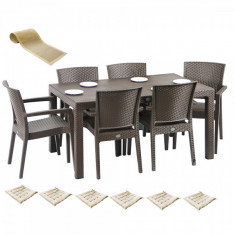 Set exterior gradina MATARANI masa WOOD 90x150x75cm 6 scaune PARIS RATTAN polipropilen/fibra sticla culoare cafea,6 perne scaun,Traversa PANARI 40x150 foto