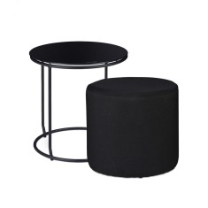 Masuta rotunda pentru cafea cu taburet tapitat inclus, Cadru metal, Blat sticla, Negru, H 40 cm