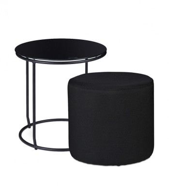 Masuta rotunda pentru cafea cu taburet tapitat inclus, Cadru metal, Blat sticla, Negru, H 40 cm foto