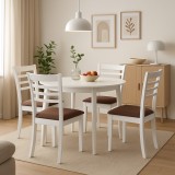 Set masa living si bucatarie Sophia, MDF, rotunda, 90x74 cm si 4 scaune Montreal, lemn masiv, tapiterie stofa, 100 kg, alb