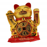 Pisica norocoasa maneki neko aurie cu moneda si simboluri feng shui pe perna - 16cm, Stonemania Bijou