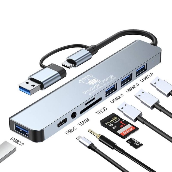 HUB USB/USB-C 8-in-2, PRESTIGE CHARGE&reg;, Conectivitate Extinsa - USB 3.0, 3*USB 2.0, USB-C, Cititor Card SD/TF, Audio Jack 3.5mm - pentru Laptop, Table
