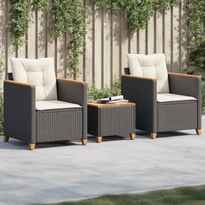 vidaXL Set bistro cu perne, 3 piese, negru, poliratan și lemn acacia 366313