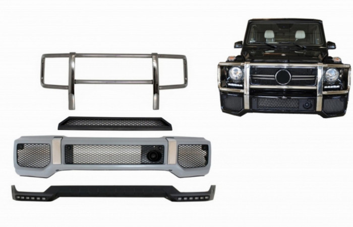 Bara fata cu BullBar Prelungire Bara Fata LED DRL si Prelungire Superioara Bara Fata Mercedes G-Class W463 (1989-2018) Negru Performance AutoTuning