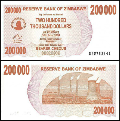 ZIMBABWE █ bancnota █ 200 000 Dollars █ 2007 █ P-49 █ UNC █ necirculata foto