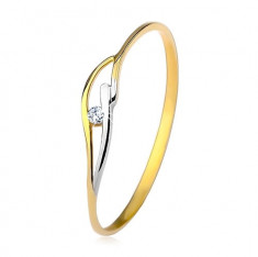 Inel din aur galben şi alb de 9K, braţe subţiri şi valuri, zircon transparent - Marime inel: 60 foto