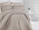 Lenjerie de pat matrimonial XXL cu husa de perna dreptunghiulara, Elegance, damasc, dunga 1 cm 160 g/mp, Cappuccino, bumbac 100%