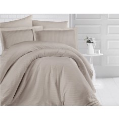 Lenjerie de pat matrimonial XXL cu husa de perna dreptunghiulara, Elegance, damasc, dunga 1 cm 160 g/mp, Cappuccino, bumbac 100%