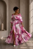 Rochie din satin bej cu imprimeu floral fuxia si maneci bufante