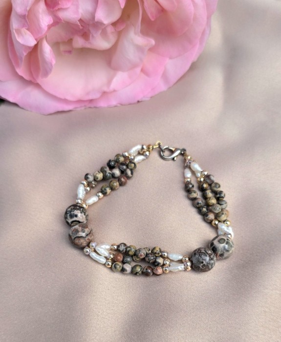 BRATARA VINTAGE CU PERLE DE APA DULCE SI JASPER LEOPARD