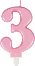 Lumanare pentru tort cifra 3 UVTQSSP, ceara, roz, 8 cm