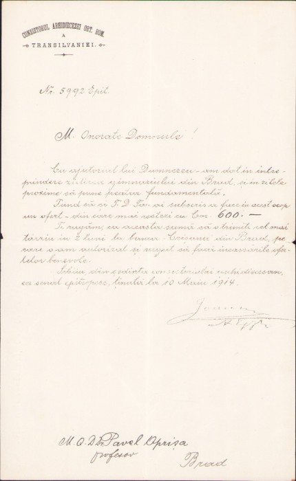 HST A1175 Episcop Ioan Mețianu apel subscriere pentru ridicare liceu Brad 1914