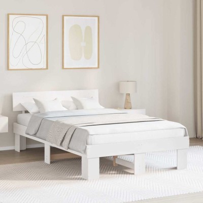 vidaXL Cadru de pat cu headboard Alb 135 x 190 cm Lemn masiv de pin 872576 foto