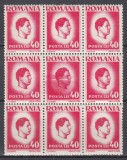 ROMANIA 1945/1947 LP 187 REGELE MIHAI I - UZUALE HARTIE ALBA EROARE CULOARE BLOC DE 9 TIMBRE MNH, Nestampilat