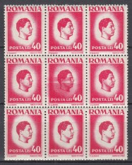ROMANIA 1945/1947 LP 187 REGELE MIHAI I - UZUALE HARTIE ALBA EROARE CULOARE BLOC DE 9 TIMBRE MNH