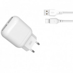 INCARCATOR RETEA XO-L78, 2,4A, 2 X USB + CABLU DE DATE / INCARCARE LIGHTNING (APPLE), ALB, BLISTER