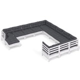 Set mobilier de gradina cu perne, 12 piese, alb, lemn de pin