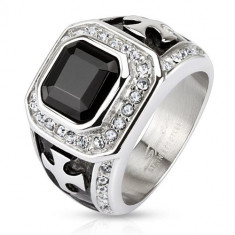 Inel masiv din oțel inoxidabil, zirconiu negru pătrat, linii transparente, cruci - Marime inel: 59