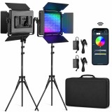 Kit profesional cu 2 lumini video LED RGB GVM 680RS, 50W fiecare, control prin aplicatie, CRI97+, 3200K-5600K, stative reglabile, geanta transport