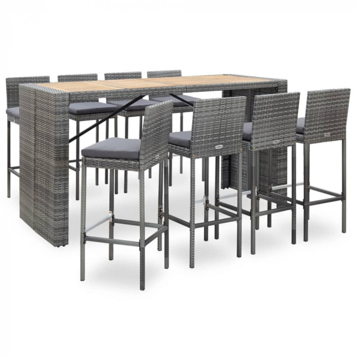 Set mobilier bar exterior 9 piese gri poliratan și lemn acacia