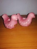 Pereche suport lumanare vintage mica miniatura in forma de pasare ceramica roz pasari roz Guldkroken Suedia
