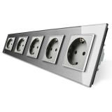 Livolo priză cvintuplă &icirc;ncastrată cu ramă sticlă gri VL-C7-C5EU-15