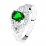 Inel argint 925, ştras verde &icirc;nchis, contur din zirconiu transparent, formă de ochi - Marime inel: 57