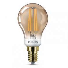 Bec LED Philips 5W (32W) P45 E14 GOLD SRT4, flacara, reglare a intensita?ii luminoase, temperatura culoare 2200K, 350 lumeni, 220-240V, durata de viat foto