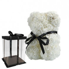 Ursulet floral alb, decorat manual cu trandafiri de spuma, 40 cm, cutie inclusa foto