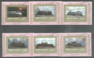 Umm al Qiwain 1973 Trains, 6 imperf. mini sheet, used T.197 foto