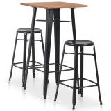 VidaXL Set mobilier de bar, 3 piese, negru, oțel